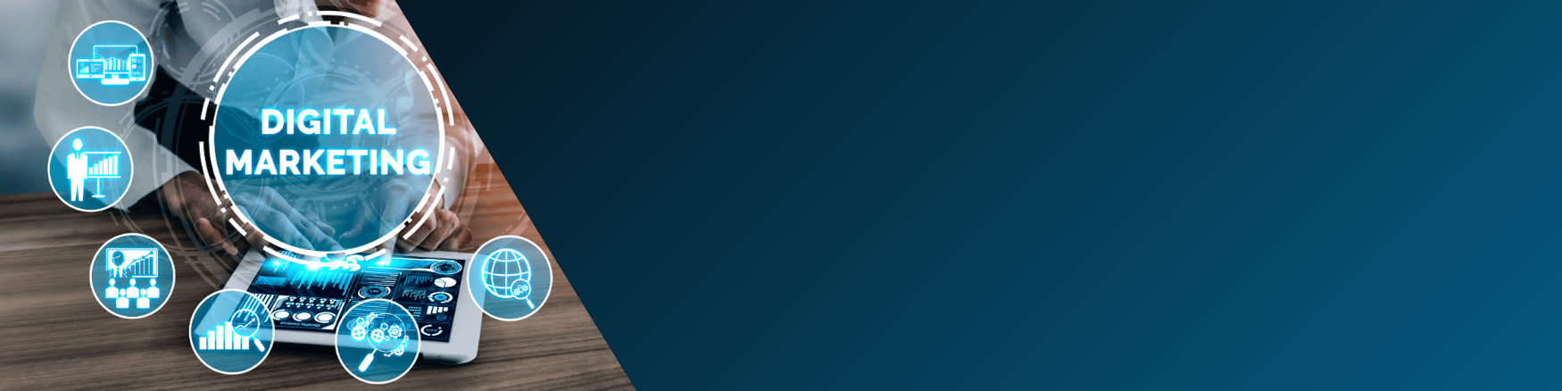 Botton Cover with image of online markeing image on the left with symbols.