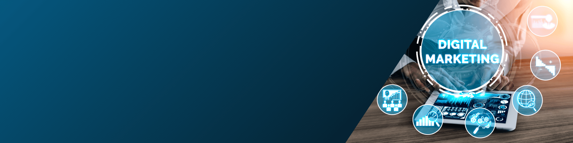 Digital Marketing Agency cover with image on the right that has a image of a man on a tablet and 3D ghraphics showing Digital markeitng and some symbols.